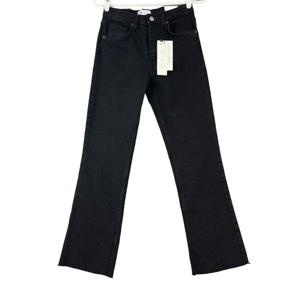 Zara Denim - NWT ZARA Women Black Denim Cropped Jeans Sz 2 Flare Leg Mid Rise Raw Hem Stretch